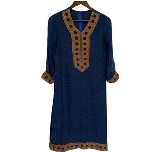 VINTAGE Handmade Brocade Ethnic Navy Dress Size S/M
